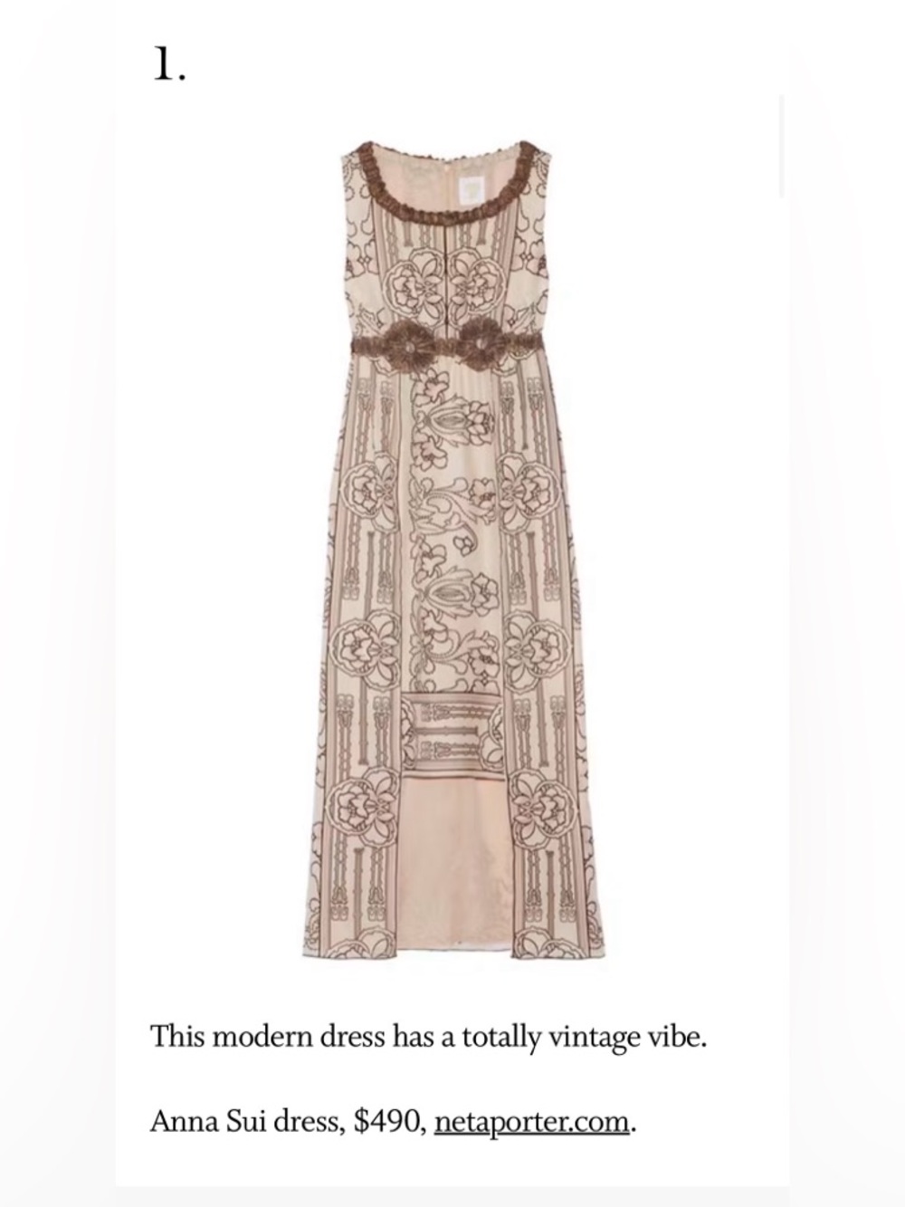 Anna Sui Vintage-Inspired Maxi Dress with Brown Floral Accents